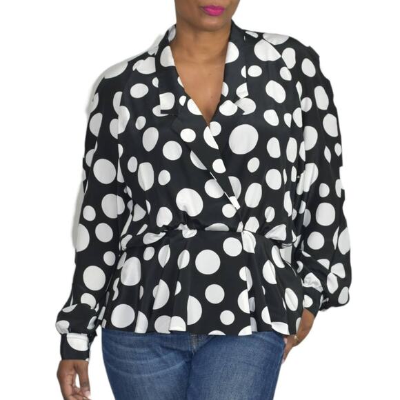 Vintage Lilli Ann Blouse Black White Peplum Oversized Top 70s Polka Dot Medium - Picture 1 of 14